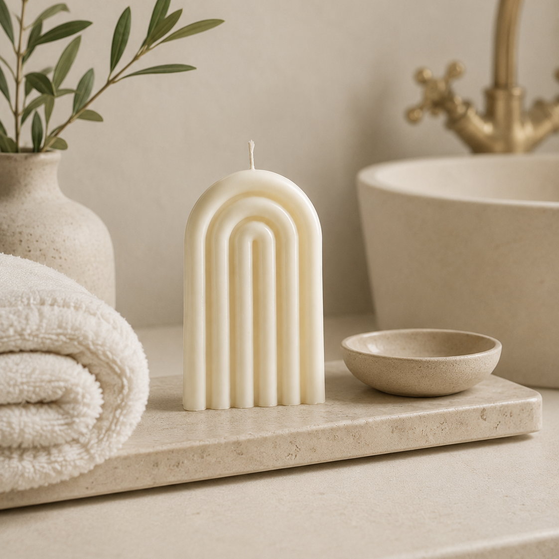 Vela decorativa Arcoíris de soja en ambiente de baño