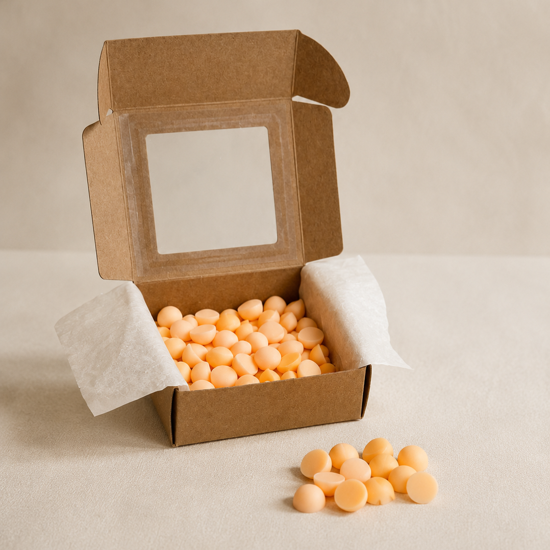 Caja abierta con wax melts bolitas fruta de la pasión sobre fondo beige