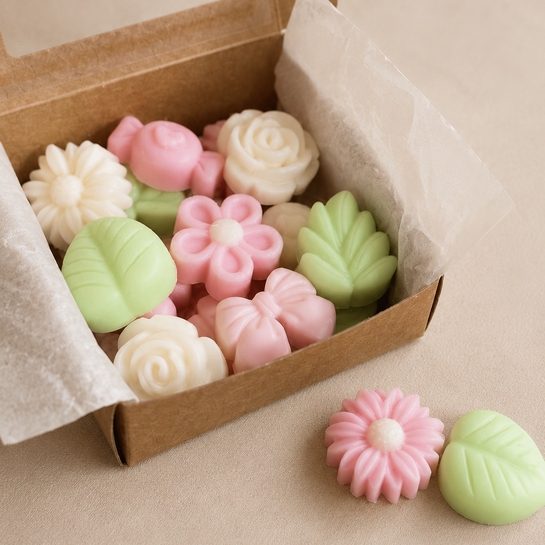 Caja abierta con wax melts explosión floral en colores pastel y formas decorativas