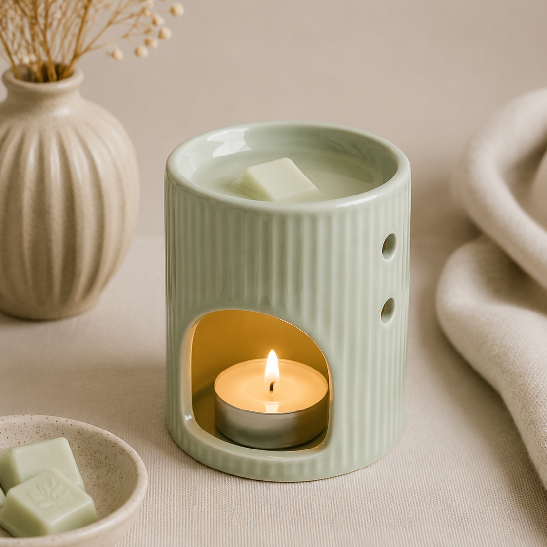 Quemador verde para wax melts en uso con vela de té encendida