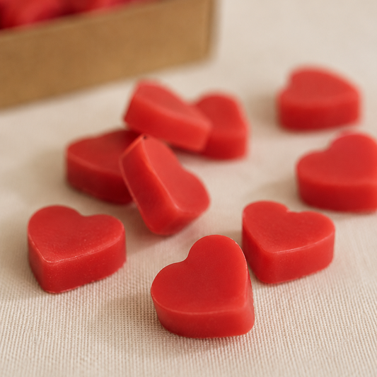 Primer plano de wax melts corazón aroma piruleta sobre superficie neutra