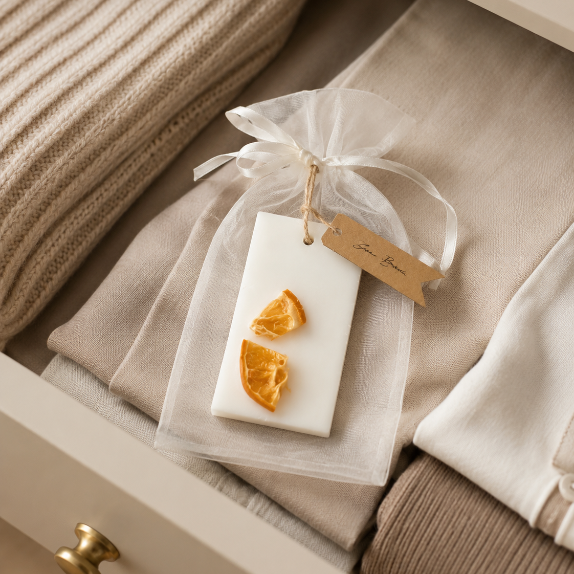 Pastilla aromática rectangular colocada sobre ropa doblada