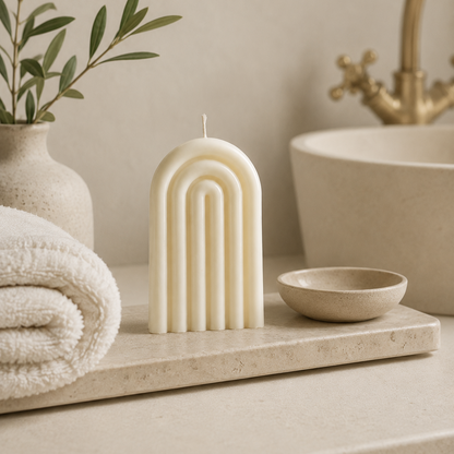 Vela decorativa Arcoíris de soja en ambiente de baño