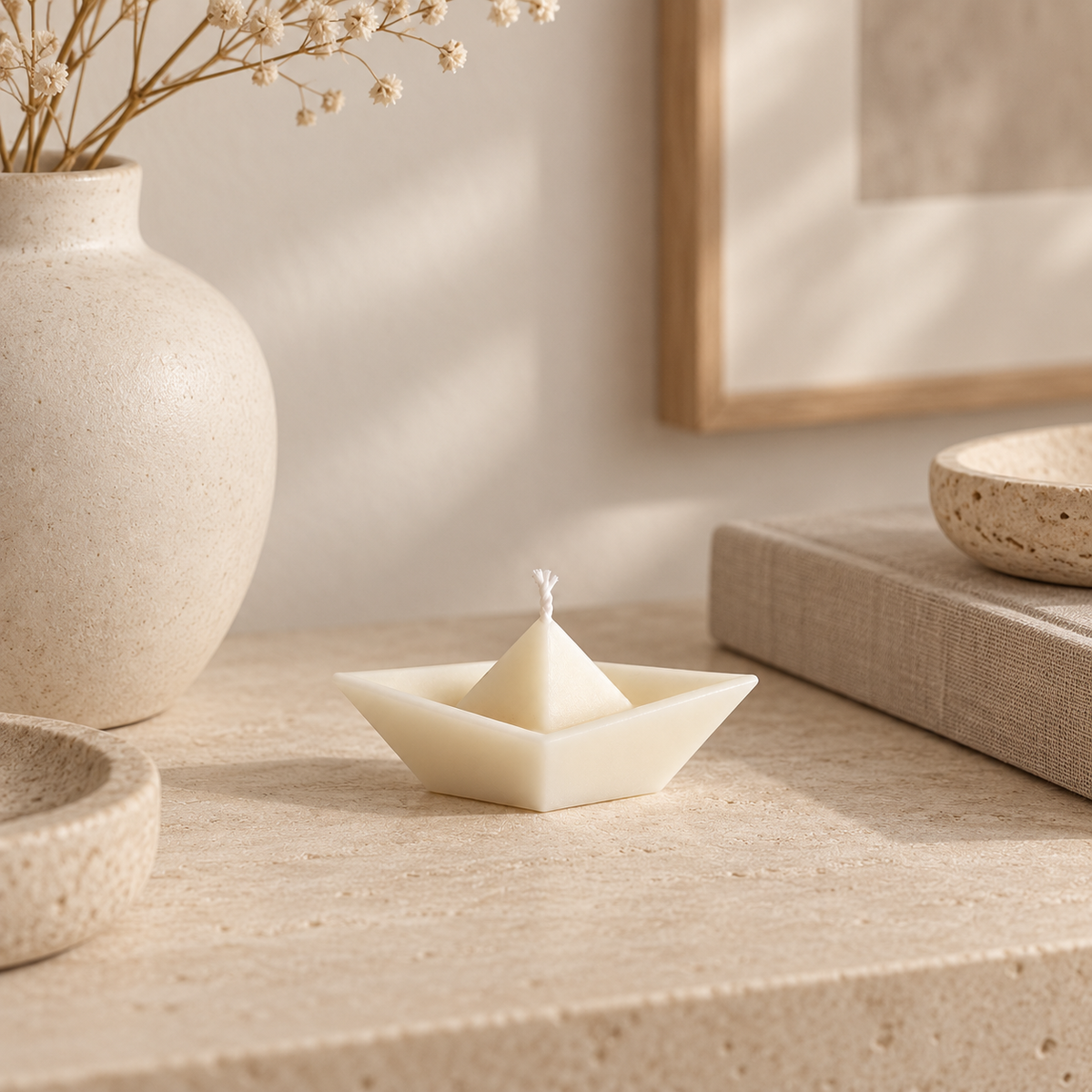 Vela decorativa barco en ambiente minimalista