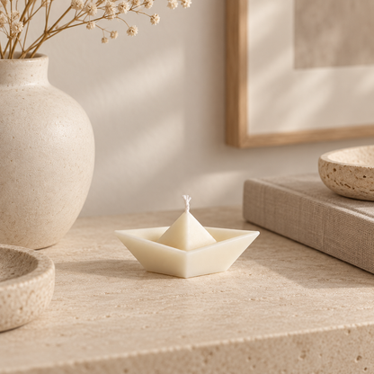 Vela decorativa barco en ambiente minimalista
