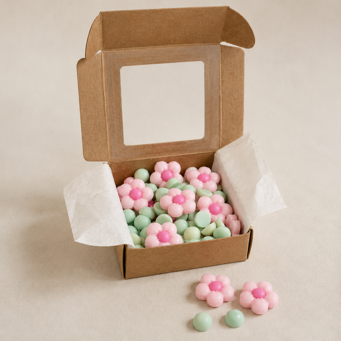 Caja kraft con wax melts flor bambú y flor de cerezo sobre fondo neutro