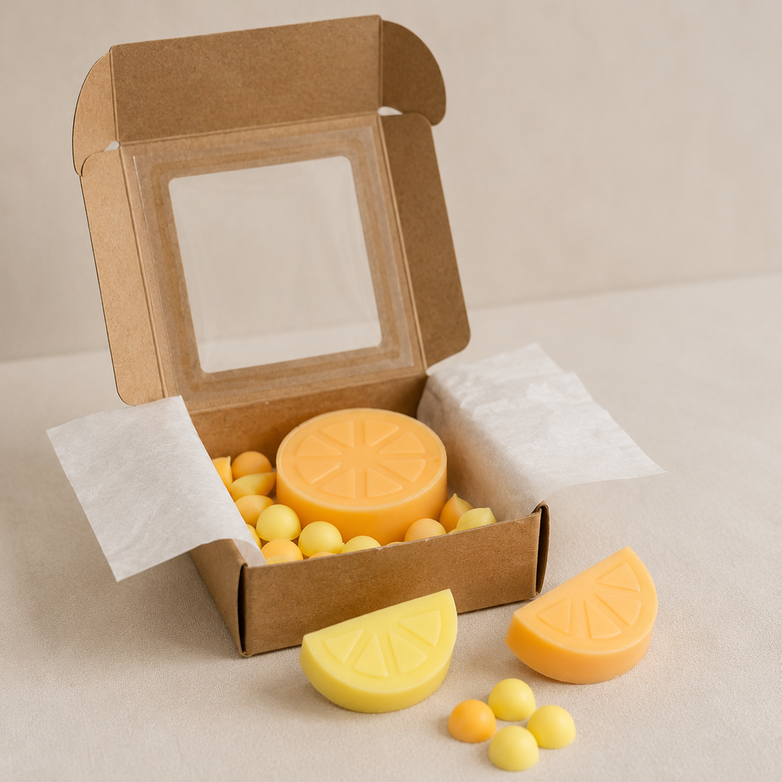 Caja abierta con wax melts cítricos de soja y rodajas decorativas