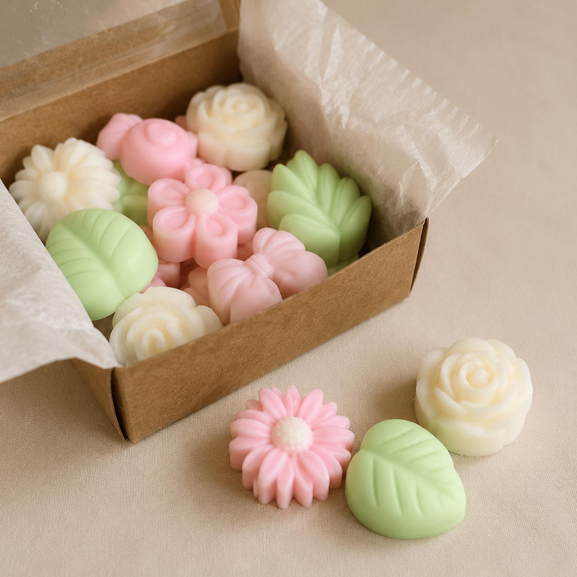 Caja con wax melts de soja explosión floral en formas decorativas de flores y hojas