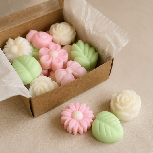 Caja con wax melts de soja explosión floral en formas decorativas de flores y hojas