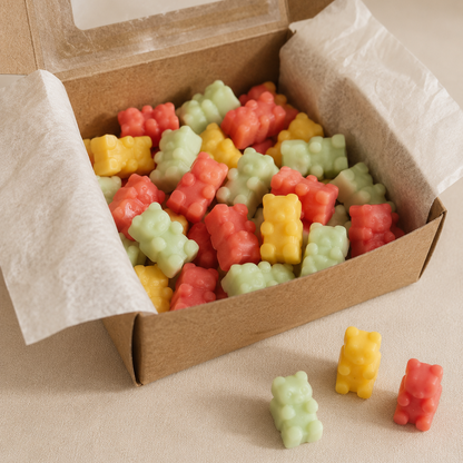 Caja con wax melts de soja en forma de ositos de colores