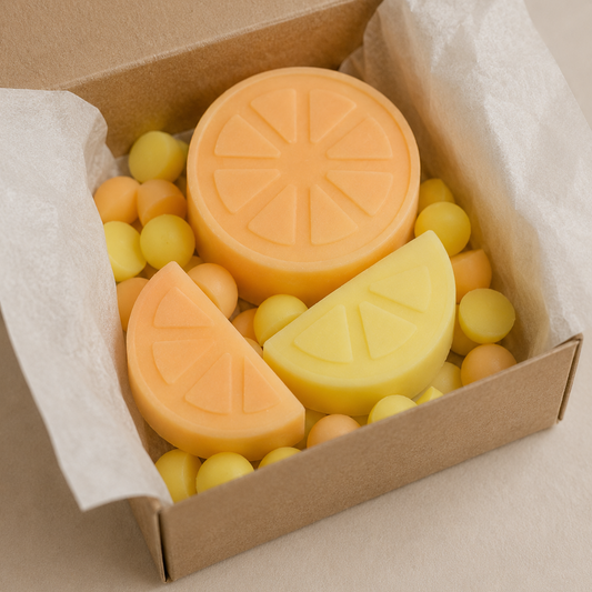 Caja con wax melts de soja lima, albahaca y mandarina en distintas formas cítricas
