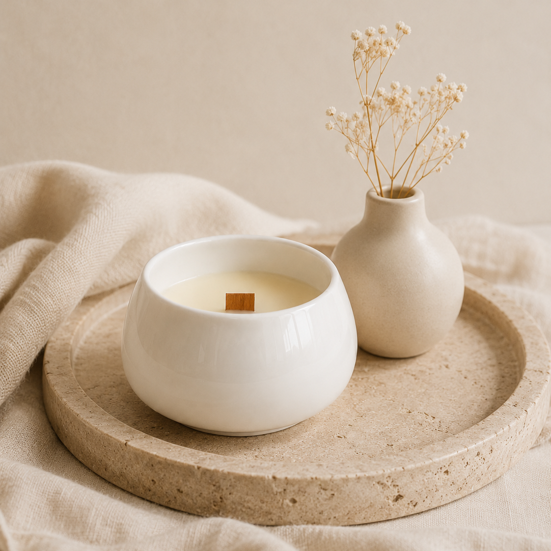 Vela aromática de soja en cuenco de porcelana blanca con mecha de madera