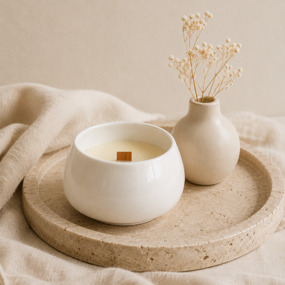 Vela aromática de soja en cuenco de porcelana blanca con mecha de madera