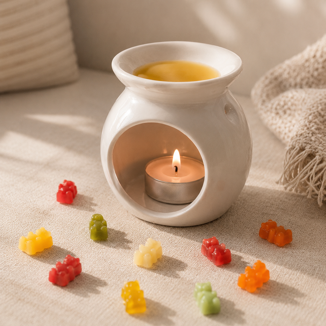 Quemador cerámico con wax melts de soja en forma de ositos