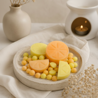 Wax melts lima, albahaca y mandarina sobre bandeja junto a quemador