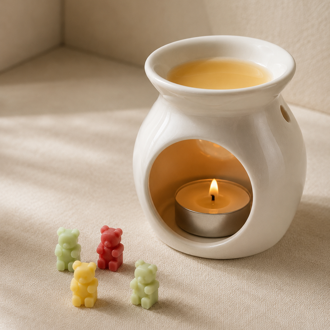 Quemador con wax melts chuches ositos y piezas decorativas al lado