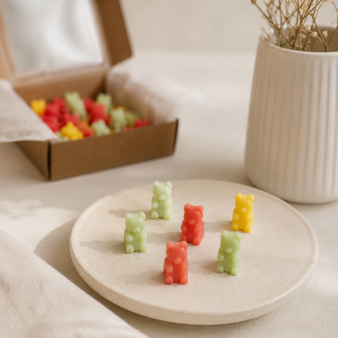 Wax melts chuches ositos sobre bandeja junto a quemador