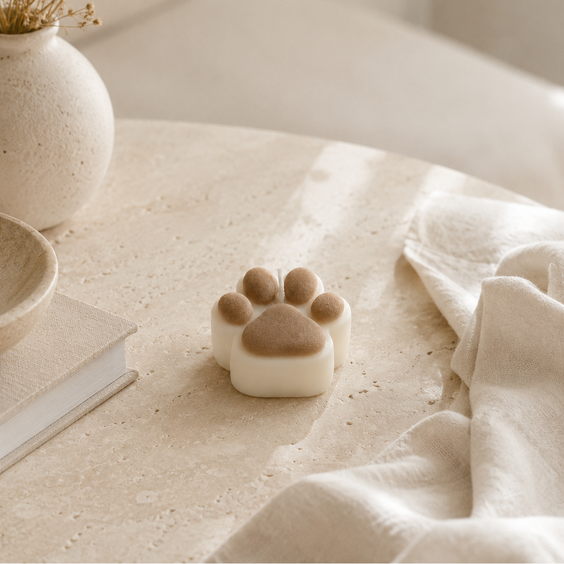 Vela decorativa huellita de perro y gato con almohadillas marrones vista frontal