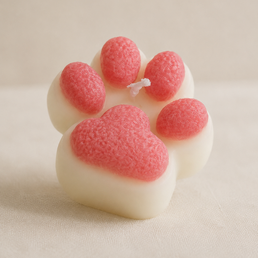 Primer plano de vela decorativa huellita de perro y gato con almohadillas rosas