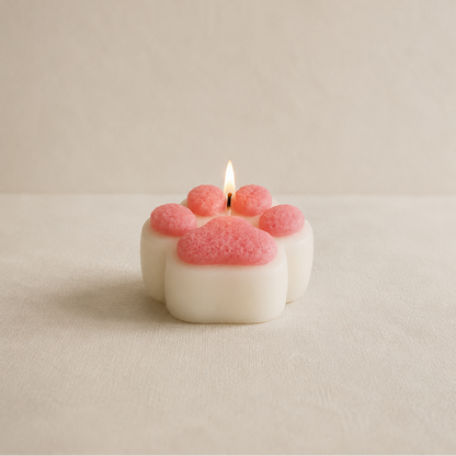 Vela decorativa huellita de perro y gato rosa encendida