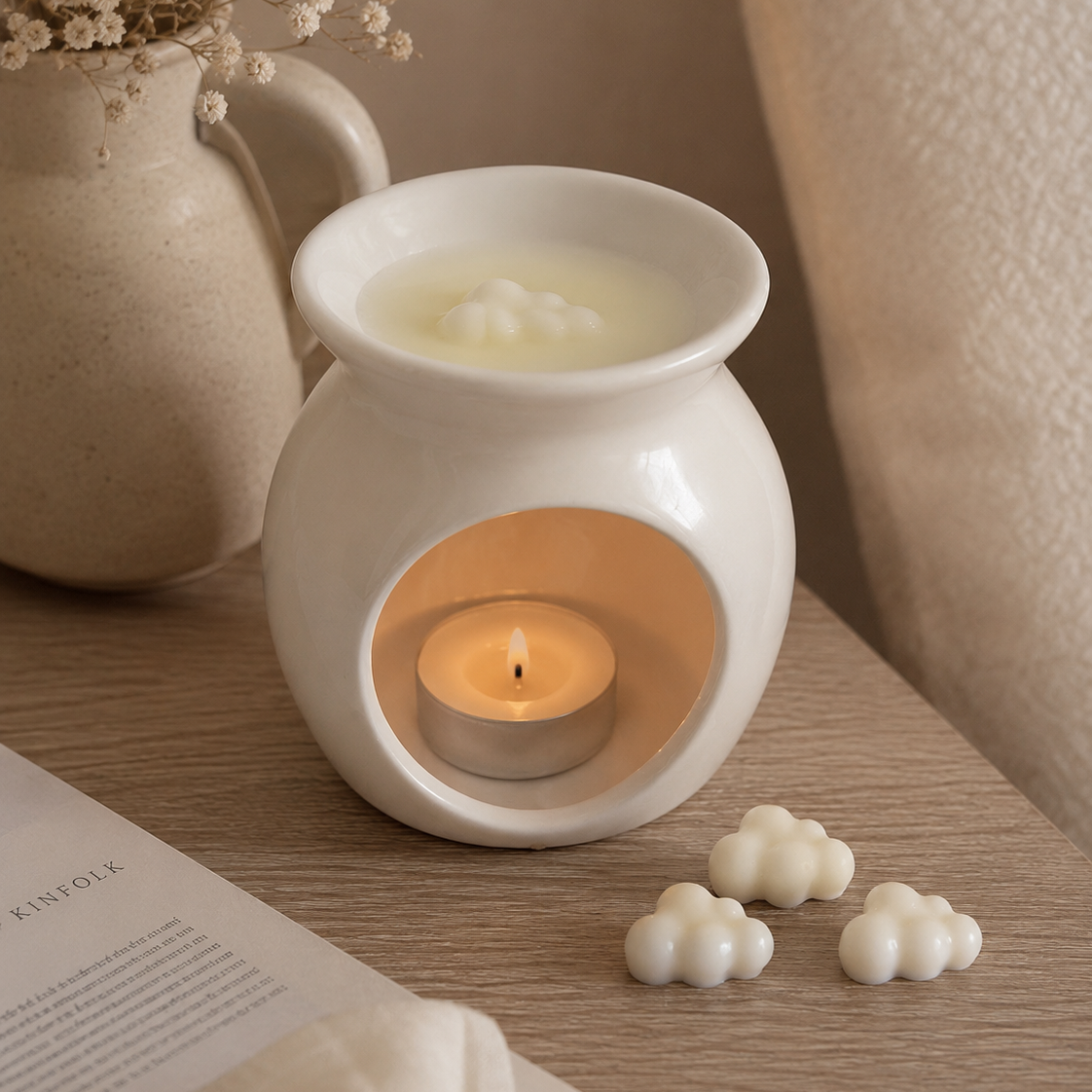 Quemador cerámico con wax melts nube aroma ropa limpia y caja de presentación