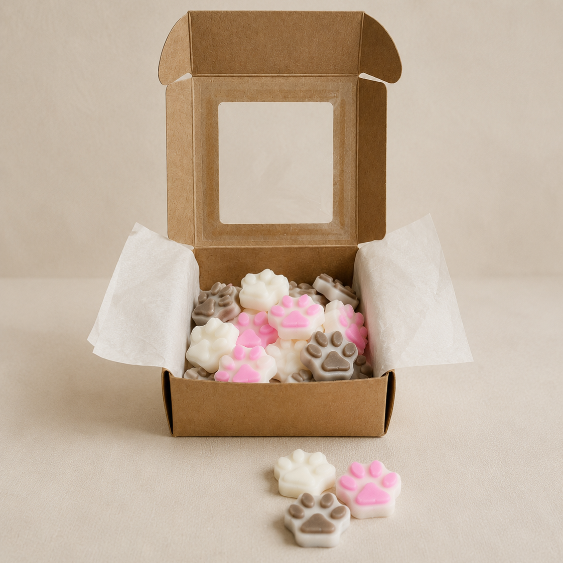 Caja abierta con wax melts huella flor de algodón sobre fondo beige