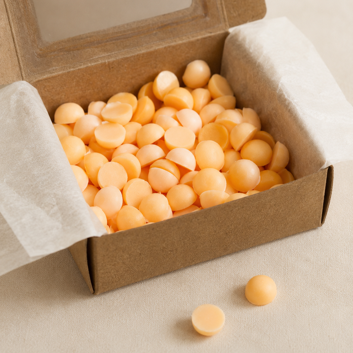 Caja con wax melts de soja en forma de bolitas aroma fruta de la pasión