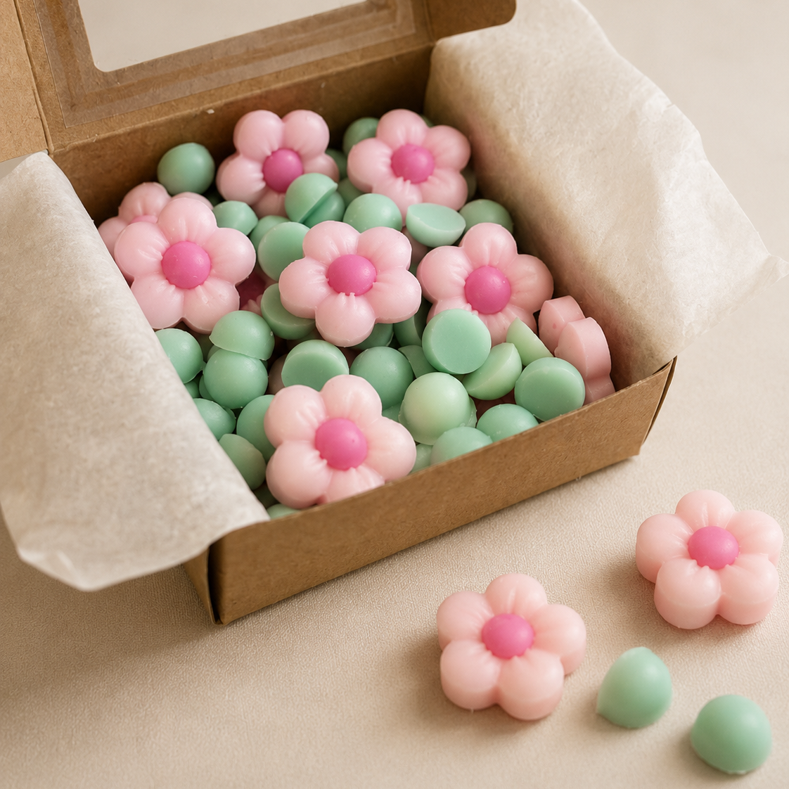 Caja abierta con wax melts de soja en forma de flor aroma bambú y flor de cerezo