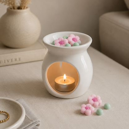 Quemador encendido junto a wax melts en forma de flor aroma bambú y flor de cerezo
