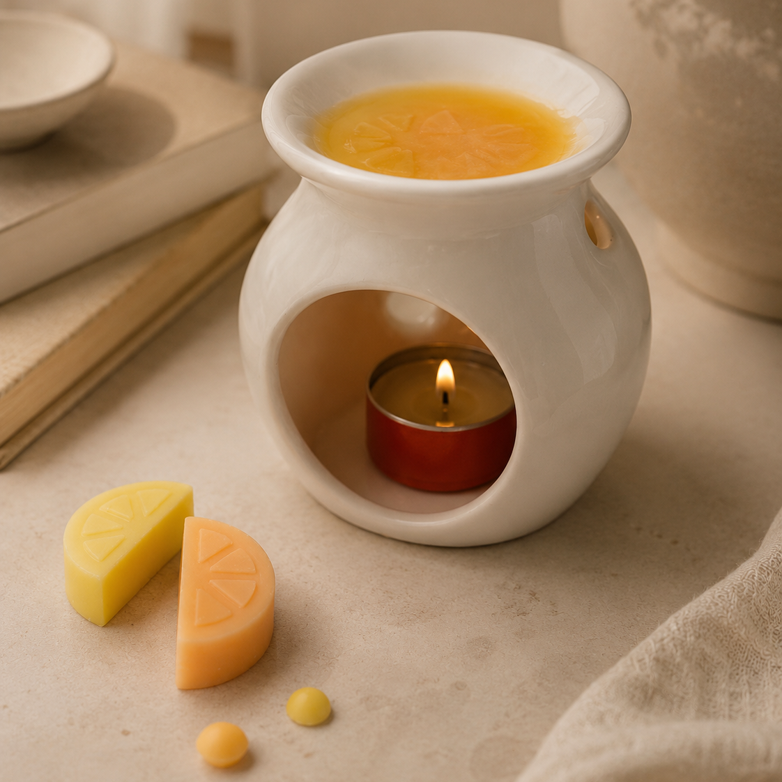 Quemador cerámico con wax melts de soja aroma lima, albahaca y mandarina