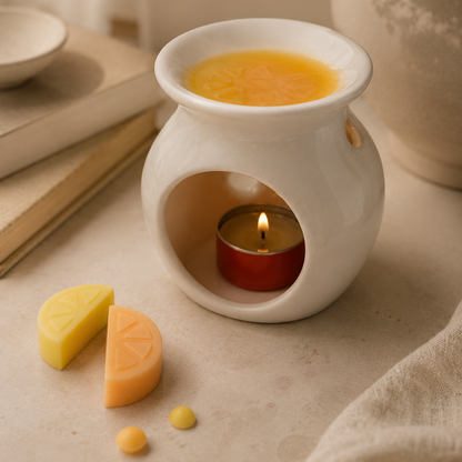 Quemador cerámico con wax melts de soja aroma lima, albahaca y mandarina