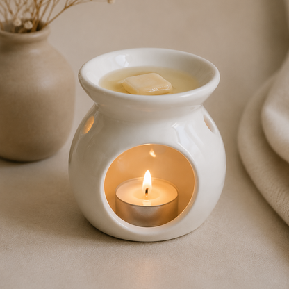 Quemador blanco para wax melts en uso con vela de té encendida