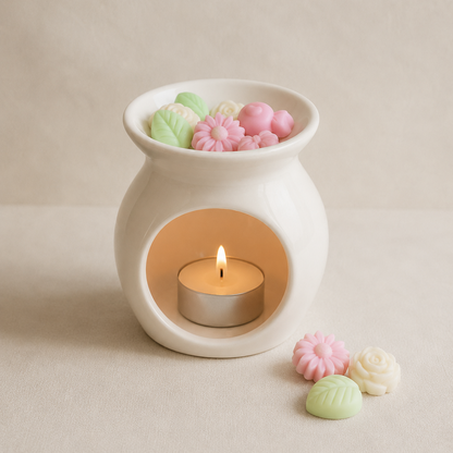 Quemador cerámico con wax melts de soja explosión floral en forma floral