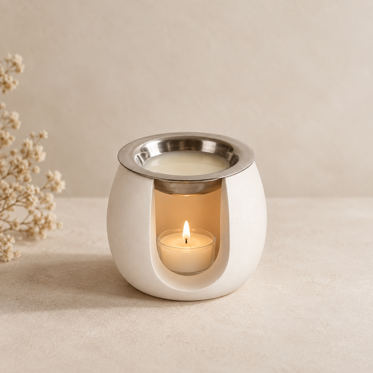1. Quemador para wax melts encendido con vela de té
