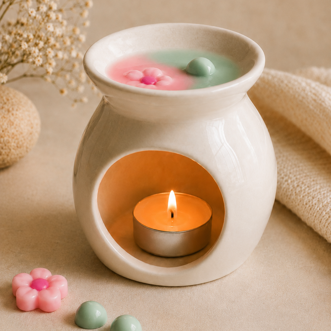 Quemador cerámico con wax melts flor de soja aroma bambú y flor de cerezo