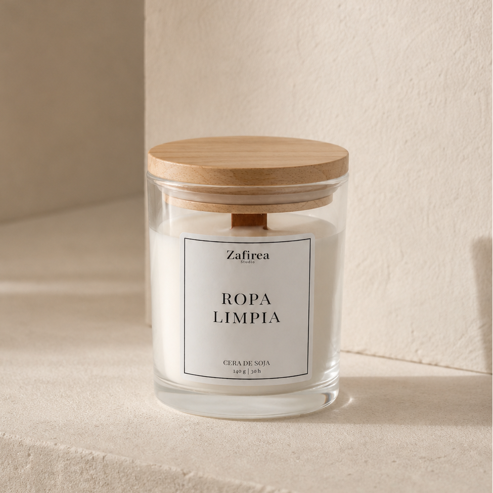 Vela aromática decorativa con tapa de madera en ambiente neutro