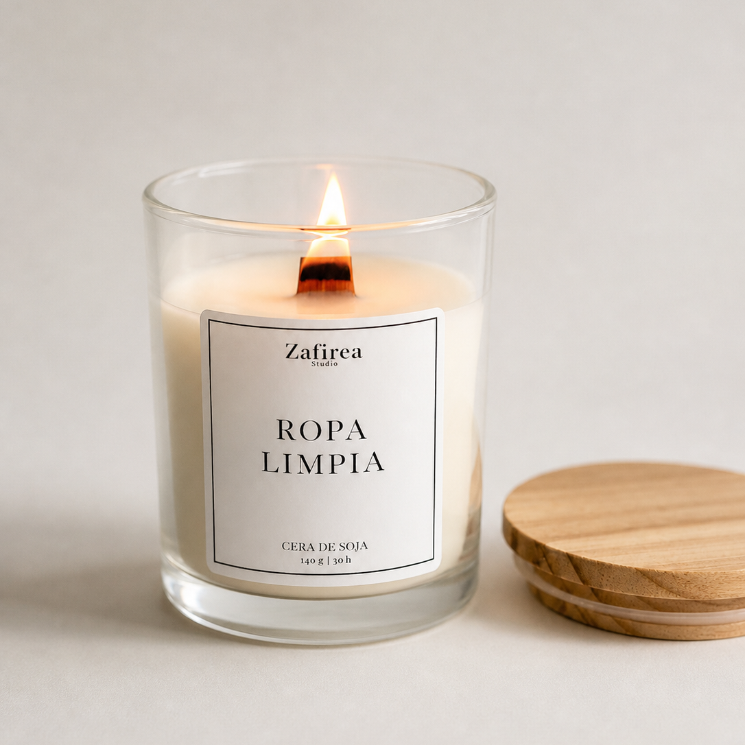 Vela aromática de soja con mecha de madera y tapa de madera