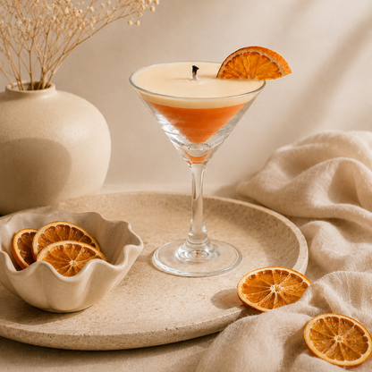 Vela aromática de soja en copa cóctel sobre bandeja decorativa con naranja deshidratada