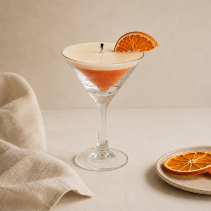 Vela aromática de soja en copa cóctel encendida con naranja deshidratada
