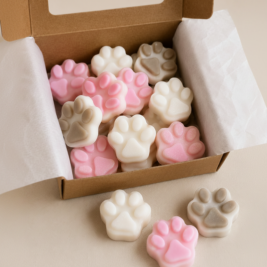 Caja con wax melts de soja en forma de huella aroma flor de algodón