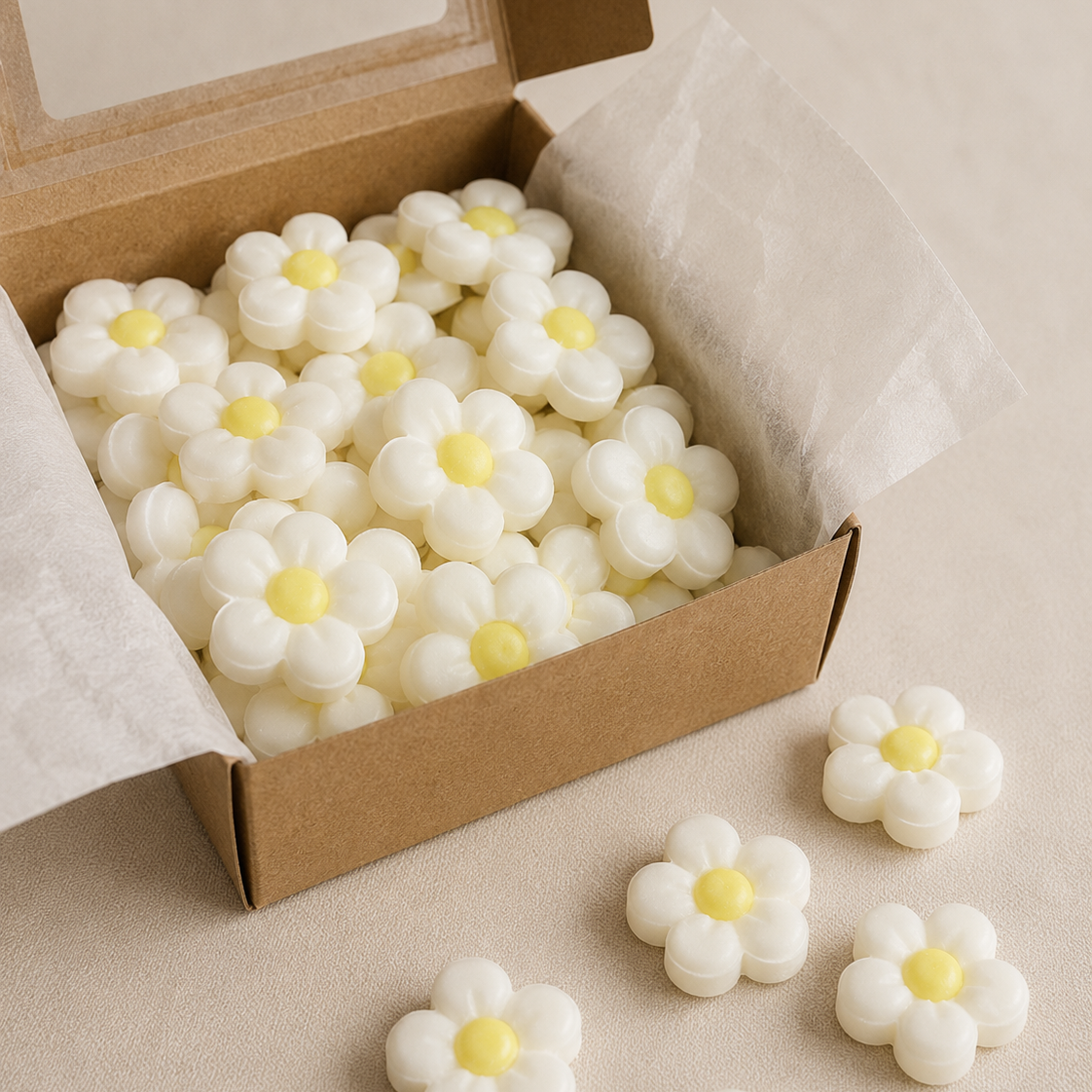 Caja con wax melts de soja en forma de flores blancas y amarillas aroma jazmín