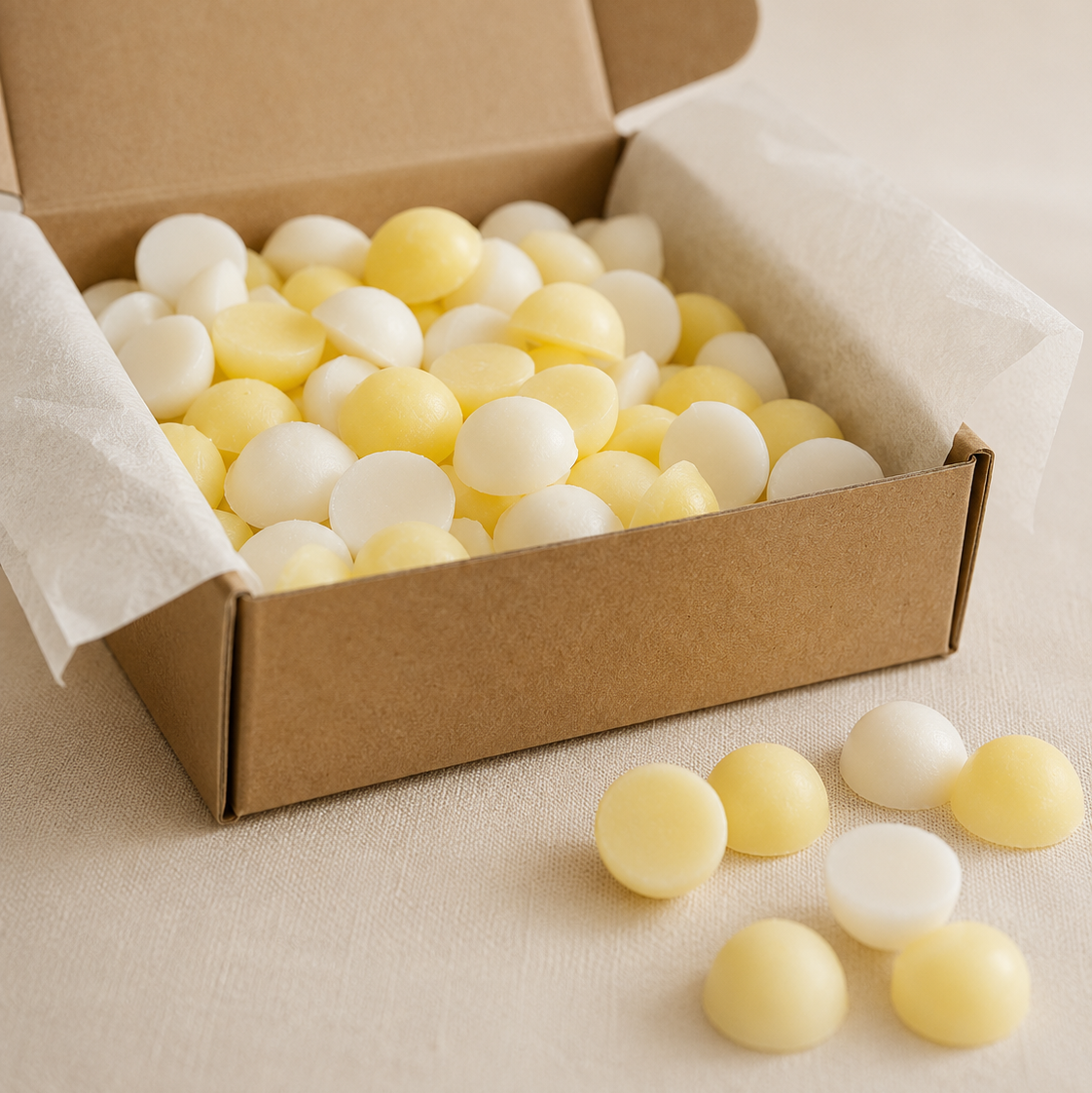 Wax melts de coco y cítricos en bolitas dentro de caja kraft abierta