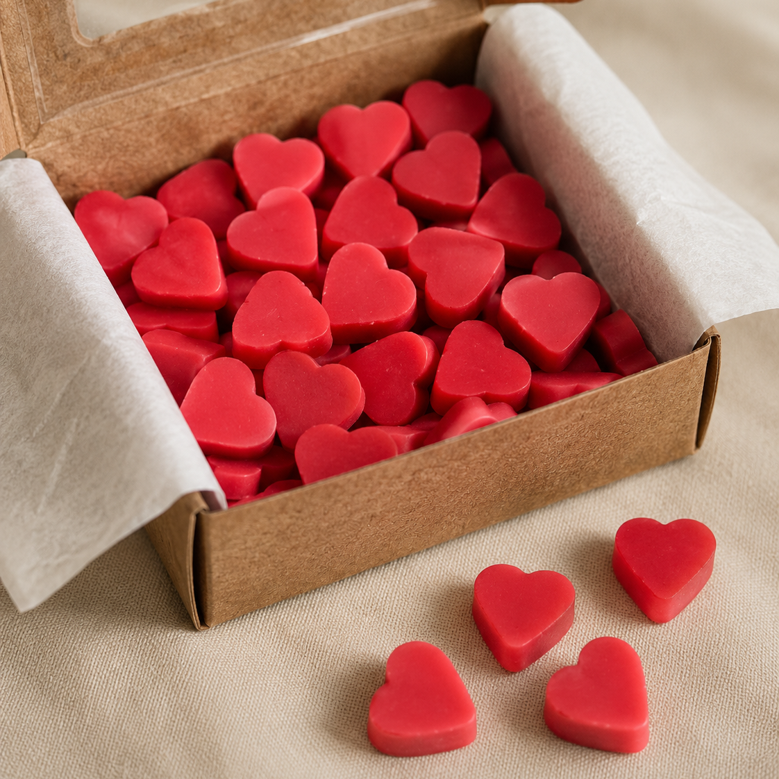 Caja abierta con wax melts de soja en forma de corazón aroma piruleta