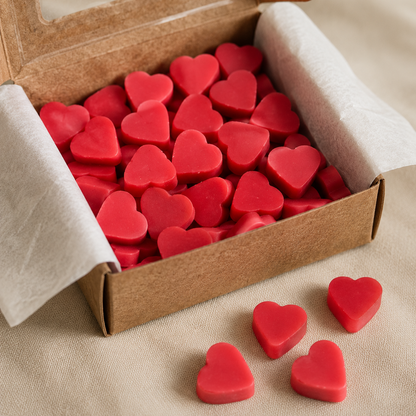 Caja abierta con wax melts de soja en forma de corazón aroma piruleta