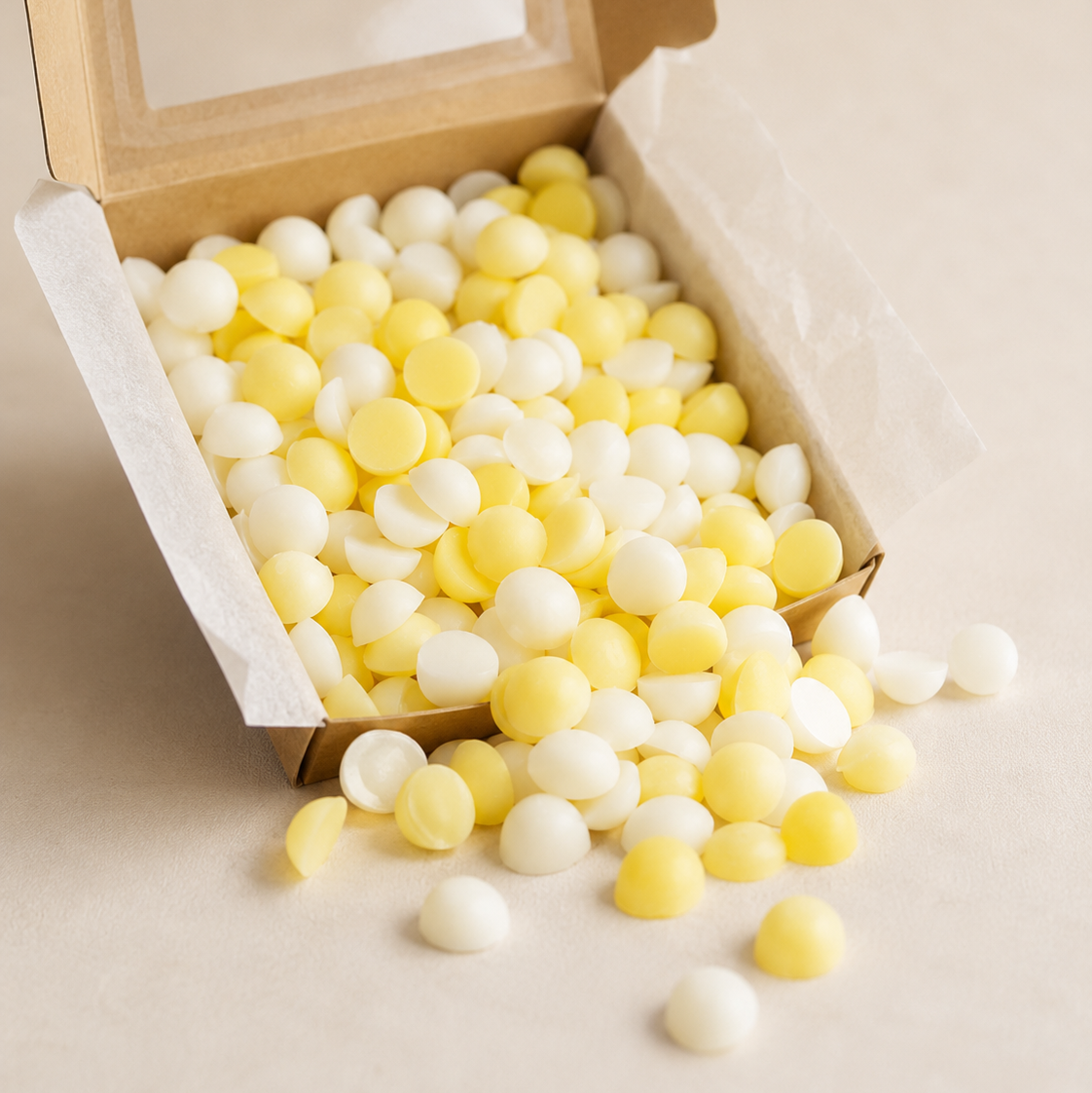 Wax melts de coco y cítricos derramándose desde caja kraft abierta