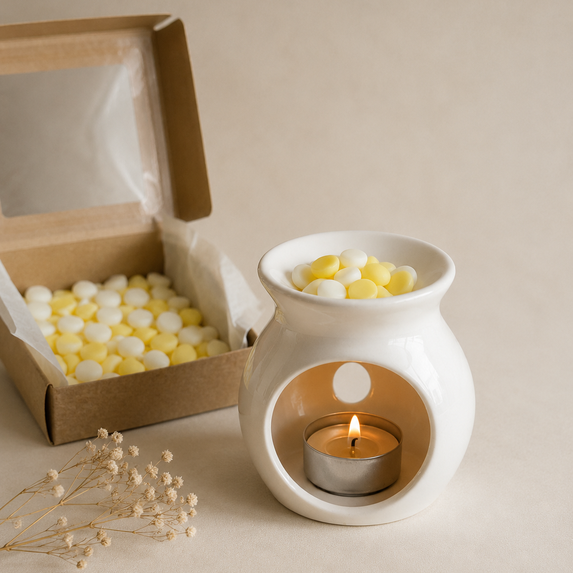 Caja de wax melts de coco y cítricos junto a quemador blanco encendido