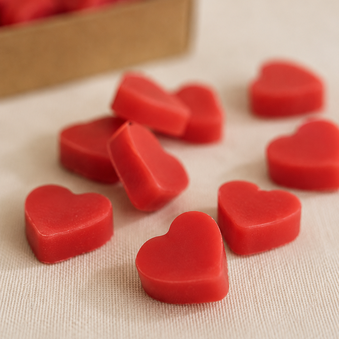 Primer plano de wax melts corazón aroma piruleta sobre superficie neutra