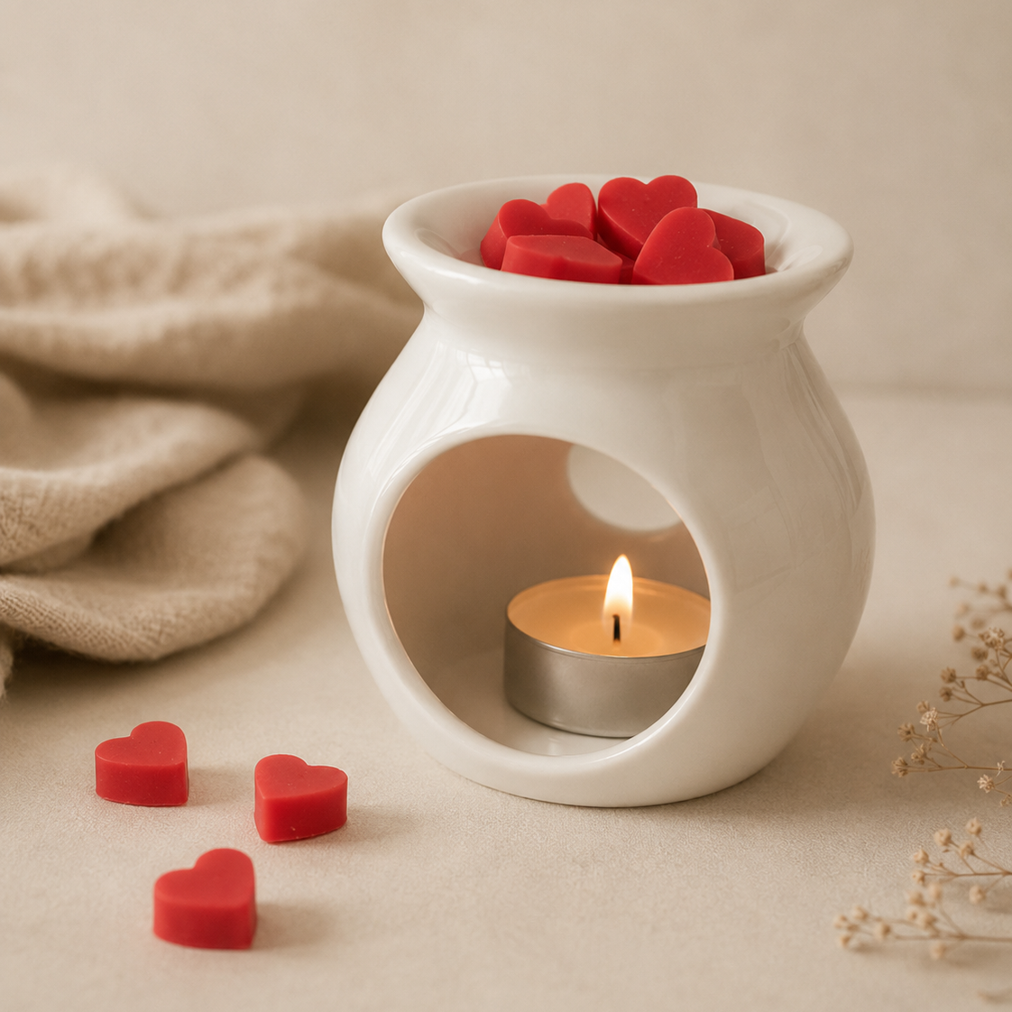 Quemador encendido con wax melts corazón aroma piruleta