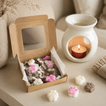 Caja de wax melts en forma de huella con quemador y ambiente decorativo