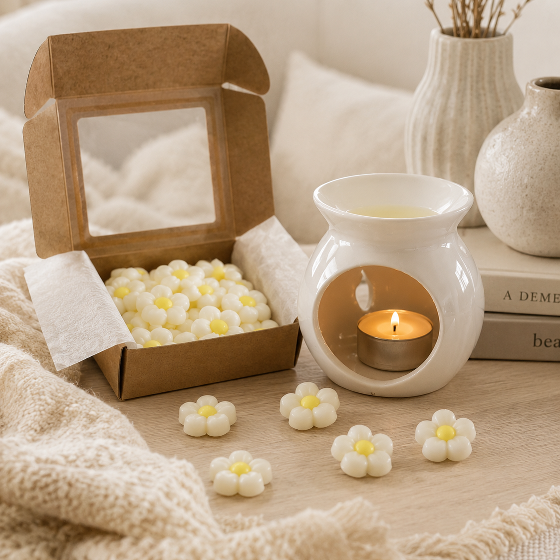 Wax melts flores de jazmín junto a quemador cerámico encendido
